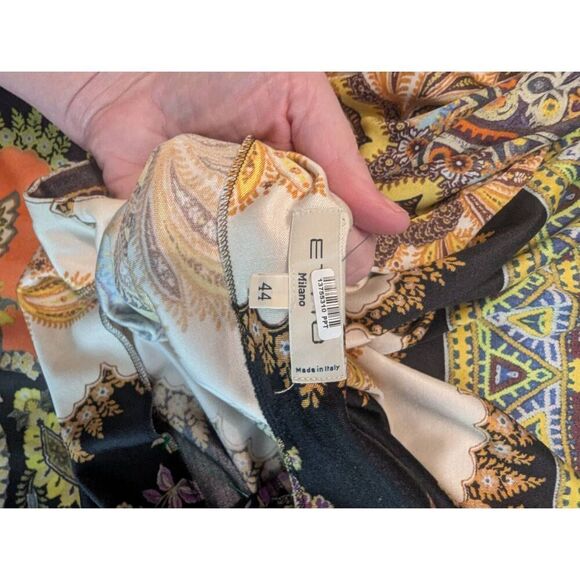 Etro Milano Women's Size 44 Black Silk Multi Printed Jersey Midi Dress Italy - Picture 7 of 9